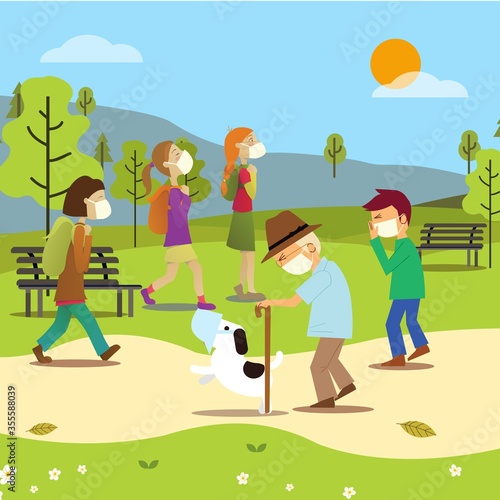 Social distancing in a park. Covid-19 social distance. People using face mask and social distancing for covid19.