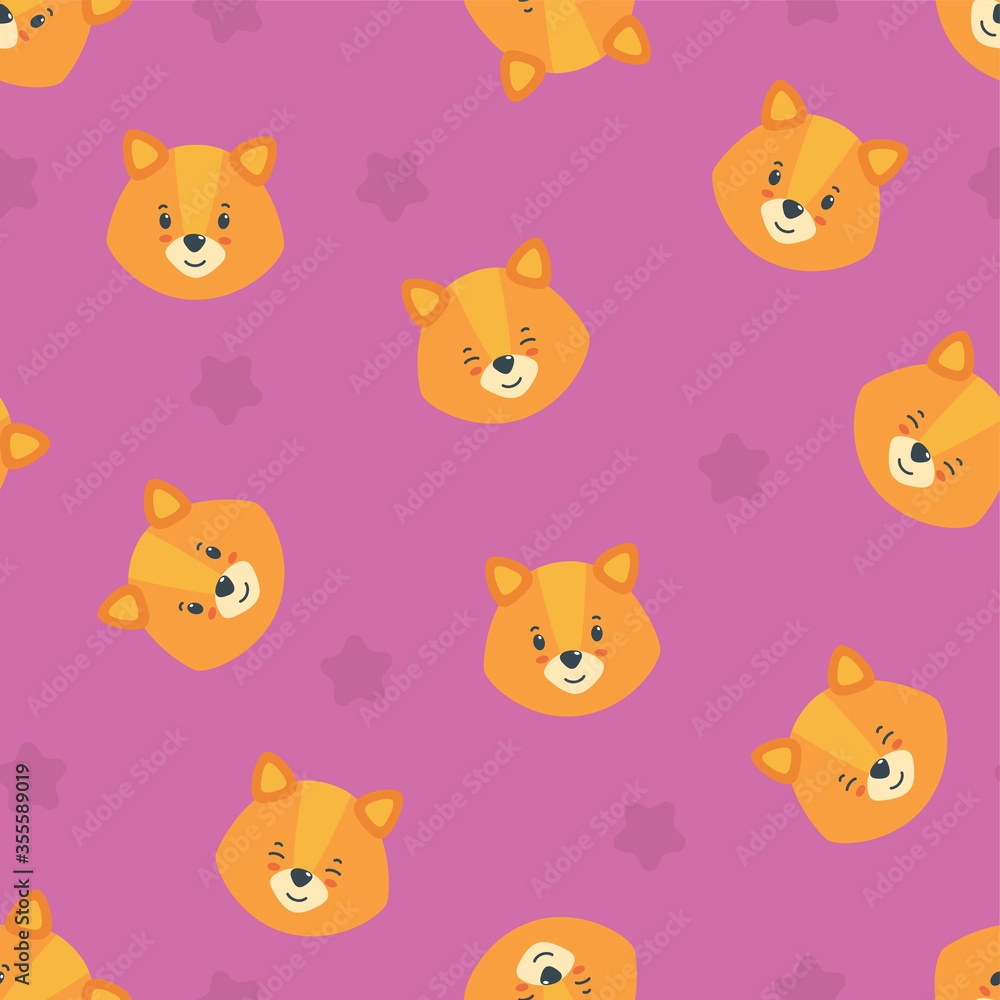 Seamless pattern with happy puppy heads in pink background. Cute puppy print for various designs. Vector illustration in flat style
