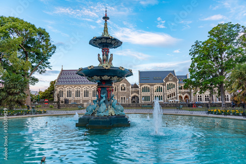 Peacock fountain and Teece museum at Christchurch, New Zealand