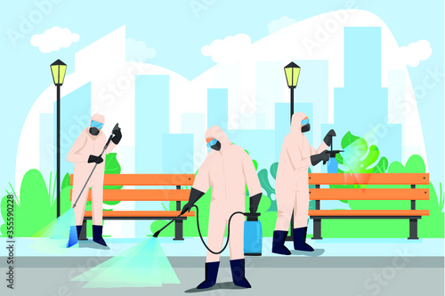 specialist in hazmat suit cleaning disinfecting coronavirus cells epidemic MERS-CoV office interior wuhan 2019-nCoV pandemic health risk full length horizontal vector illustration