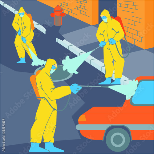 Man with disinfectant spray machine, sanitization process