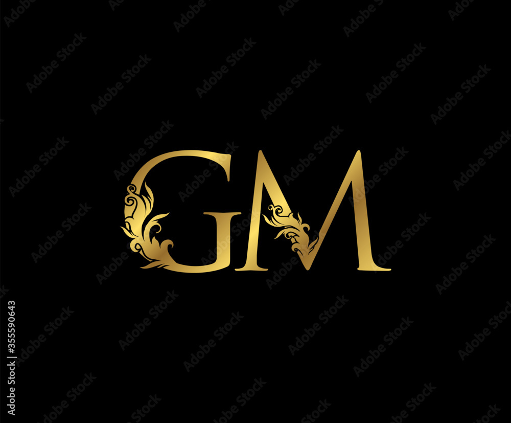Classy Gold letter G, M and GM Vintage decorative ornament letter stamp, wedding  logo, classy letter logo icon. Stock Vector