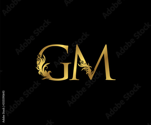 Classy Gold letter G, M and GM Vintage decorative ornament letter stamp, wedding logo, classy letter logo icon.