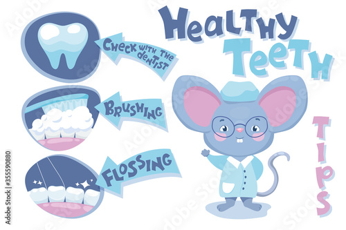 Healthy teeth banner with mouth hygiene tips and cute mouse doctor. Children dentist poster