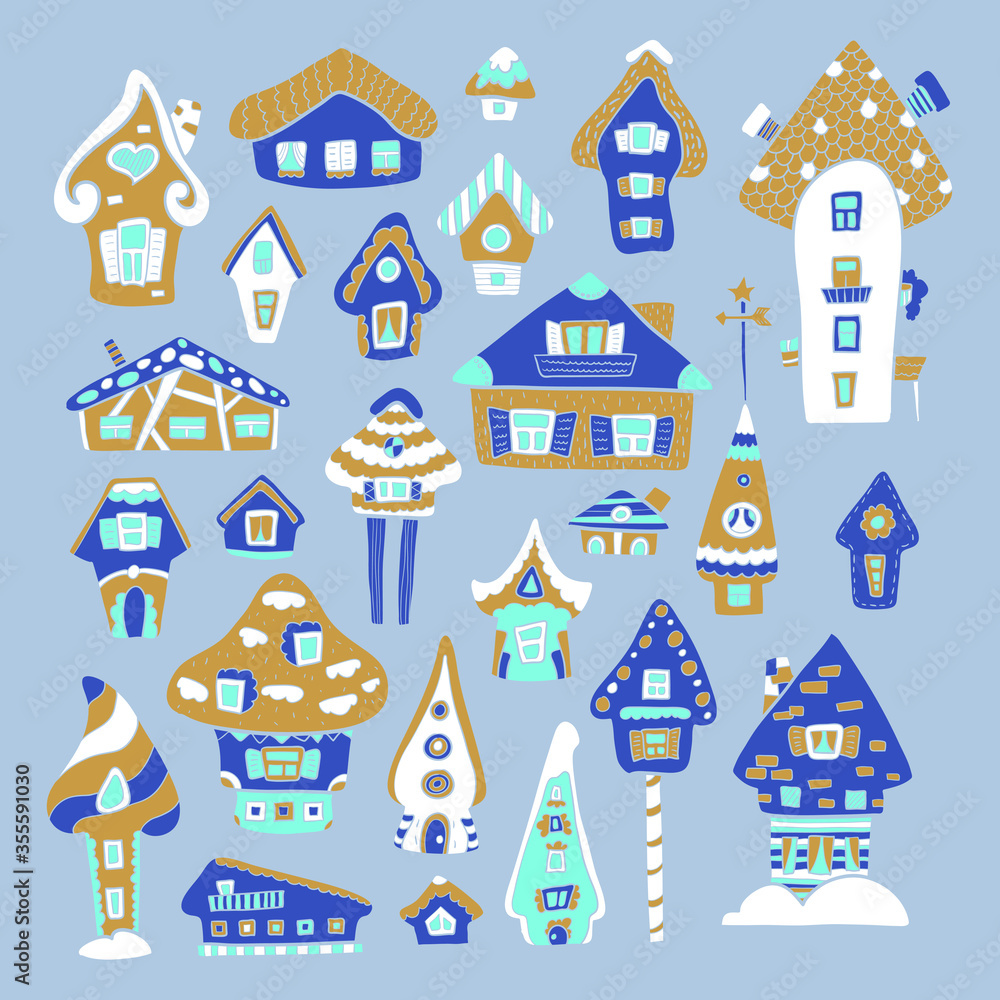 Doodle house vector illustration. Golden blue winter seasonal print. Kids nursery poster. Advent calendar template