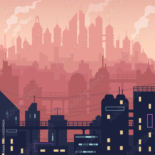City landscape at sunset. Ecology pollution in the big city. 
