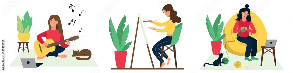 female hobby. classes in self-isolation. girl learns to play the guitar. Learns to paint a picture. pregnant women knit. quarantined education. Set of vector illustrations in flat style. female hobby. classes in self-isolation. girl learns to play the guitar. Learns to paint a picture. pregnant women knit. quarantined education. Set of vector illustrations in flat style.