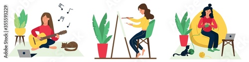female hobby. classes in self-isolation. girl learns to play the guitar. Learns to paint a picture. pregnant women knit. quarantined education. Set of vector illustrations in flat style.