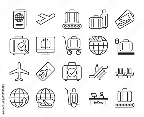 Airport icons. Airport and Air Travel line icon set. Vector illustration. Editable stroke.