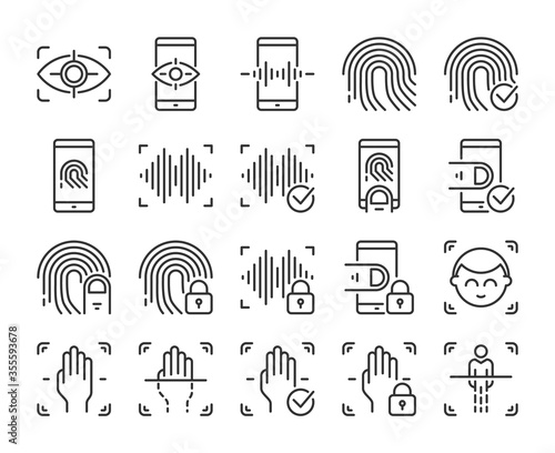 Biometric icons. Biometric verification and Identification line icon set. Vector illustration. Editable stroke.