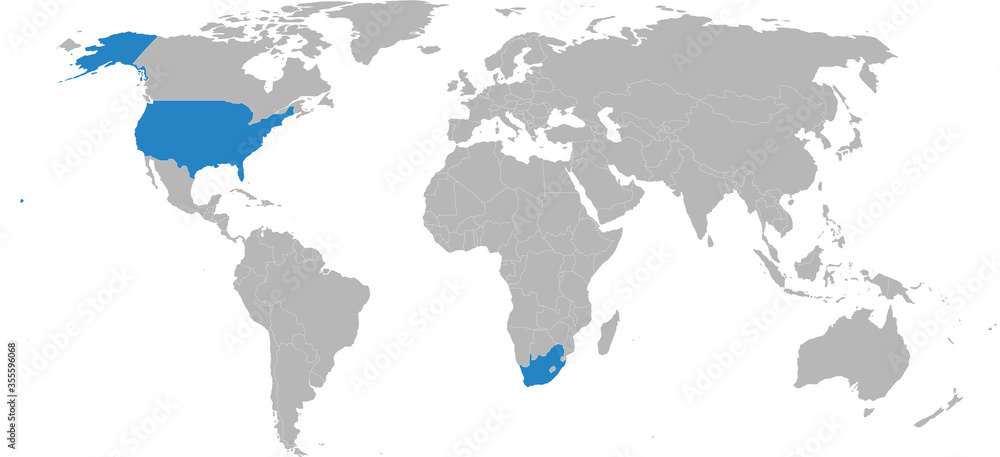 South africa, USA countries isolated on world map. Light gray background. Business concepts, diplomatic, trade and transport relations. South africa, USA countries isolated on world map. Light gray background. Business concepts, diplomatic, trade and transport relations.
