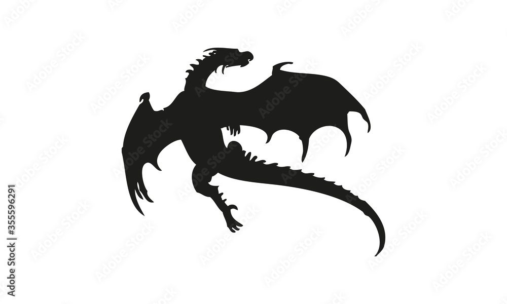 Naklejka premium Dragon silhouette for tattoos, black and white, vector icon