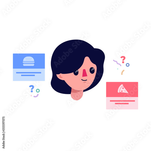 young woman making decision for chooses burger or pizza