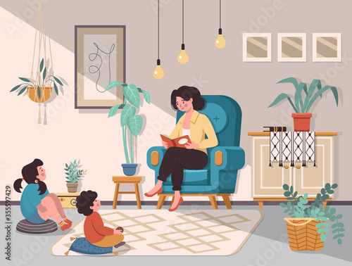 Mom reading for little son and daughter in the room. Mom with children sits at home. Reading book together. Home education. Flat cartoon vector illustration.