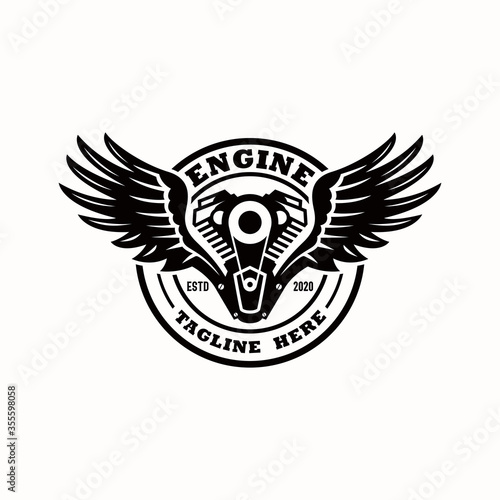 engine logo vector. motorcycle, engine, vector, automotive, wings, machine, emblem, auto, logo, car, automobile, tattoo, carburetor, concept, cylinder, design, engineering