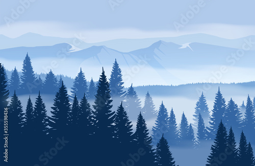 Fototapeta Naklejka Na Ścianę i Meble -  Winter mountains landscape and a foggy forest. 