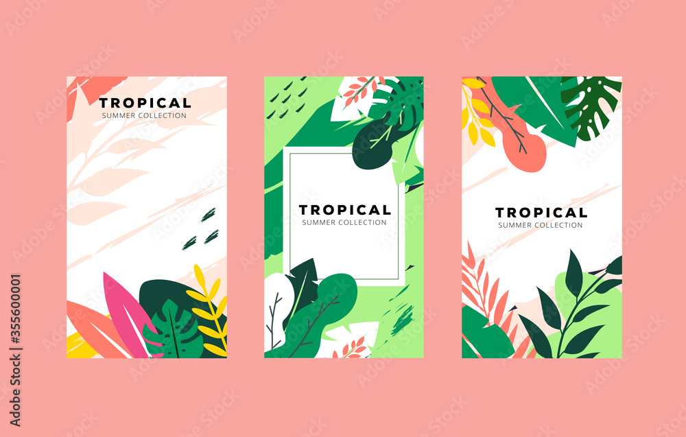 Fototapeta set of hand draw summer tropical banner for social media template collection