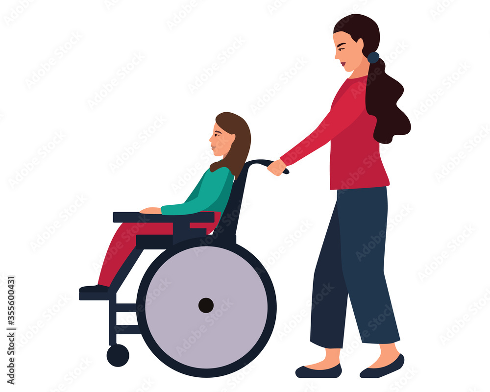 Mom with a disabled child in a stroller. cartoon style vector illustration isolated on white background Mom with a disabled child in a stroller. cartoon style vector illustration isolated on white background