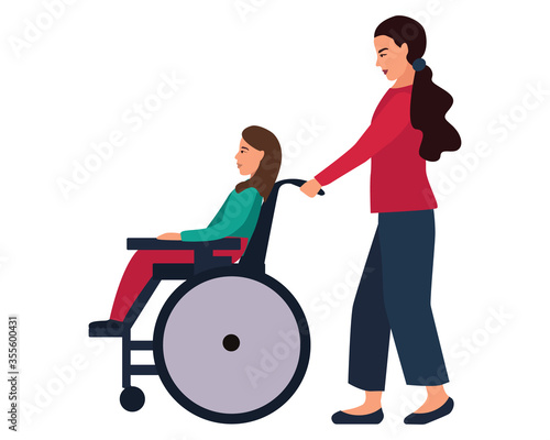 Mom with a disabled child in a stroller. cartoon style vector illustration isolated on white background