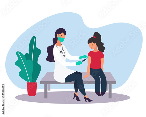 medical theme. family doctor pediatrician and patients. the child is vaccinated. Cartoon style vector illustration.