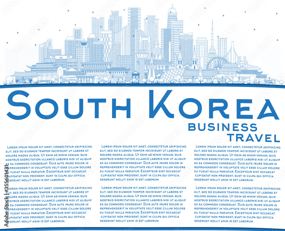 Outline South Korea City Skyline with Blue Buildings and Copy Space.