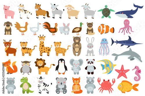 Fototapeta Naklejka Na Ścianę i Meble -  Mega collection of baby animals, fish and birds. simple illustrations understandable to the child. teaching children. vector clip art isolated on white background. cartoon style.