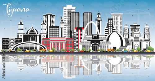 Tijuana Mexico City Skyline with Color Buildings, Blue Sky and Reflections.