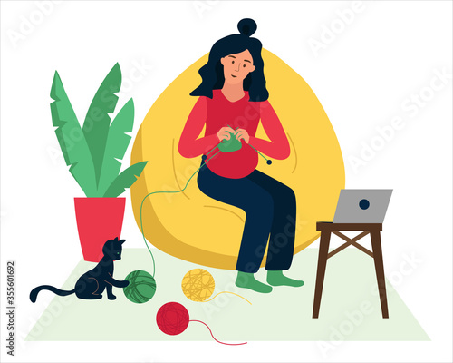 female hobby. classes in self-isolation. pregnant women knit. the cat is playing with humps. quarantined education. Set of vector illustrations in flat style.