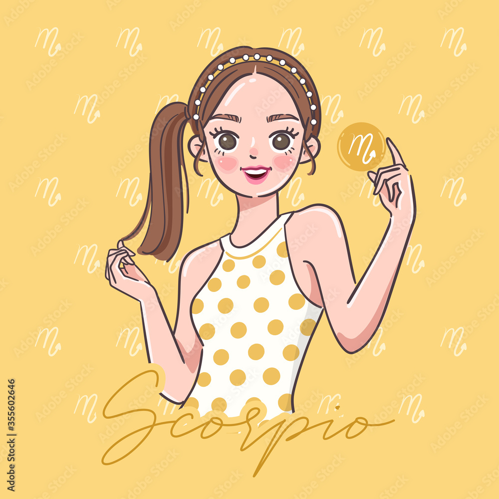 Scorpio : Pretty girl with horoscope sign on pastel background :Vector Illustration Scorpio : Pretty girl with horoscope sign on pastel background :Vector Illustration