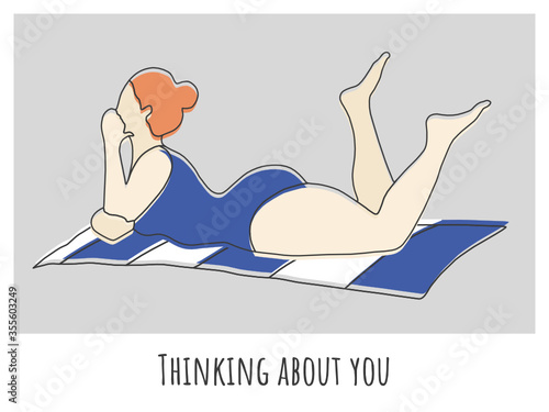 Vector illustration of a sexy, red-haired, body positive girl in a swimwear. Outlined, isolated