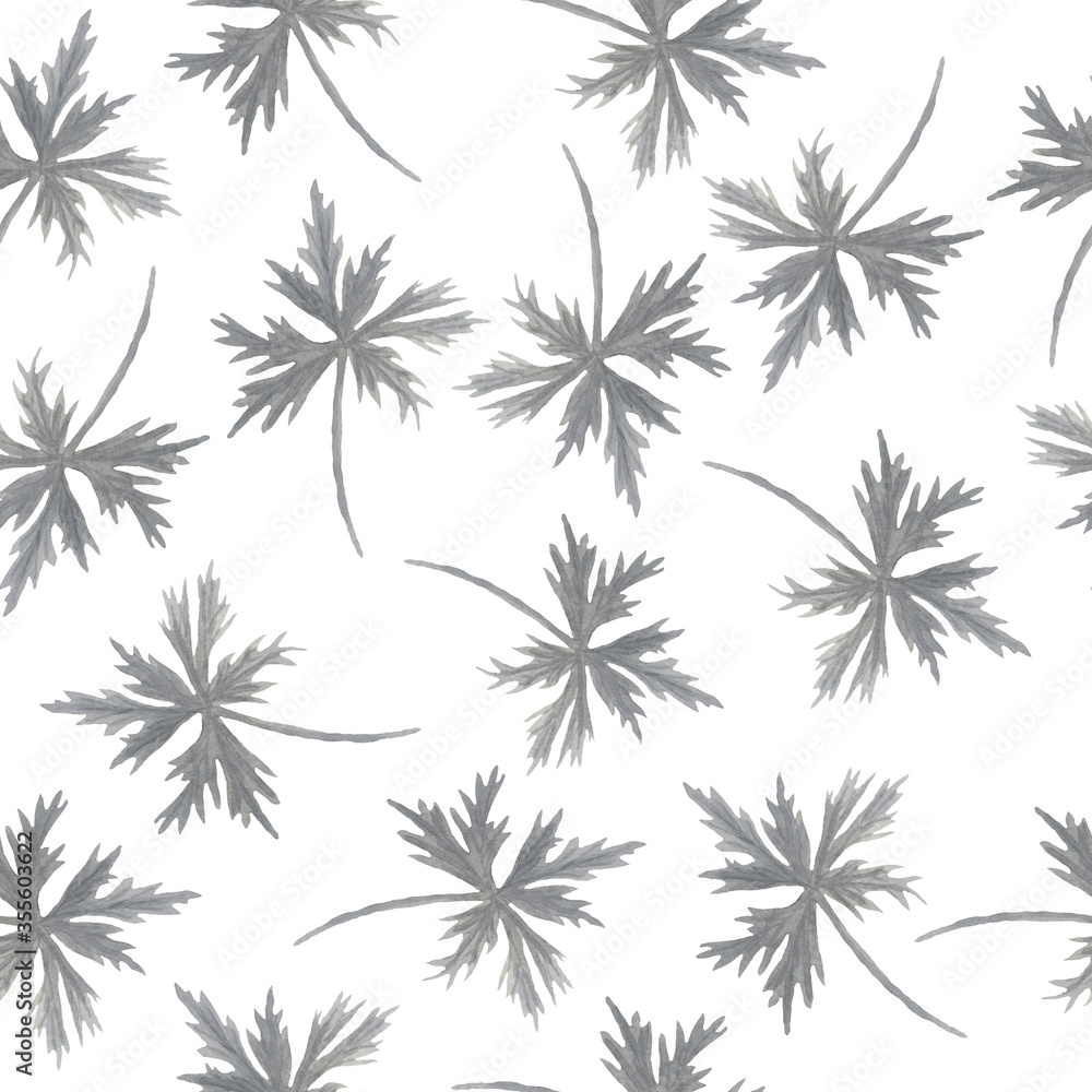 Seamless watercolor hand drawn pattern with soft grey anemone leaf leaves. Monochrome minimalist pastel design illustration for wallpaper textile wrapping paper. Botanical gentle garden flora.