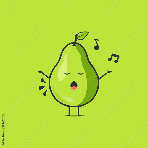 Funny cute pear character. Vector flat pear cartoon character singing. Isolated on green background. Pear fruit concept