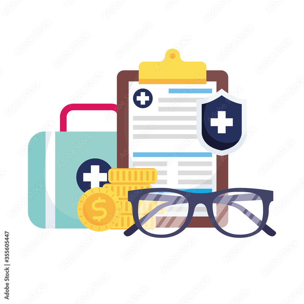 Medical kit shield document glasses and coins vector design Medical kit shield document glasses and coins vector design