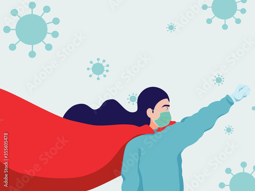 Super hero doctor fight against covid-19, corona virus concept with superhero cape on white background, virus infections prevention and protection concept, vector illustration