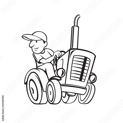 Farmer Riding and Driving a Vintage Farm Tractor Cartoon Black and White