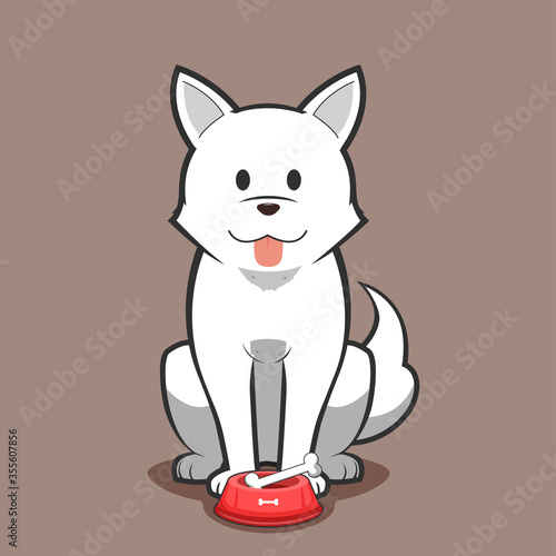 White dog standing behind a food bowl with bone inside it