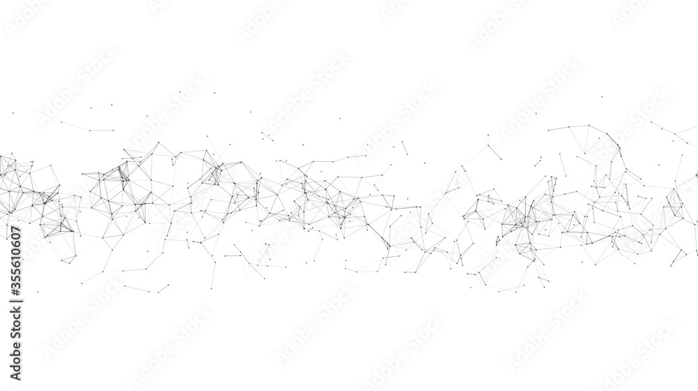 Abstract background with connected line and dots. Black and white molecule structure. Science and connection concept. Website header or banner design.