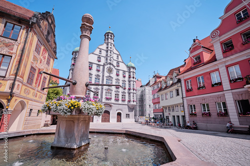 Architecture of Memmingen. The fountain in old town.