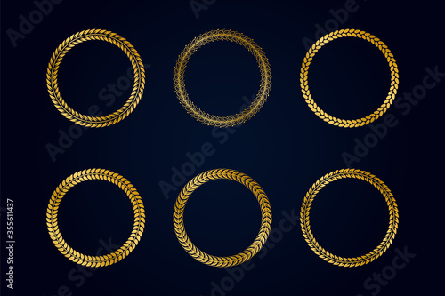 Collection of round golden frames from laurel branches with foliage. Vector illustration