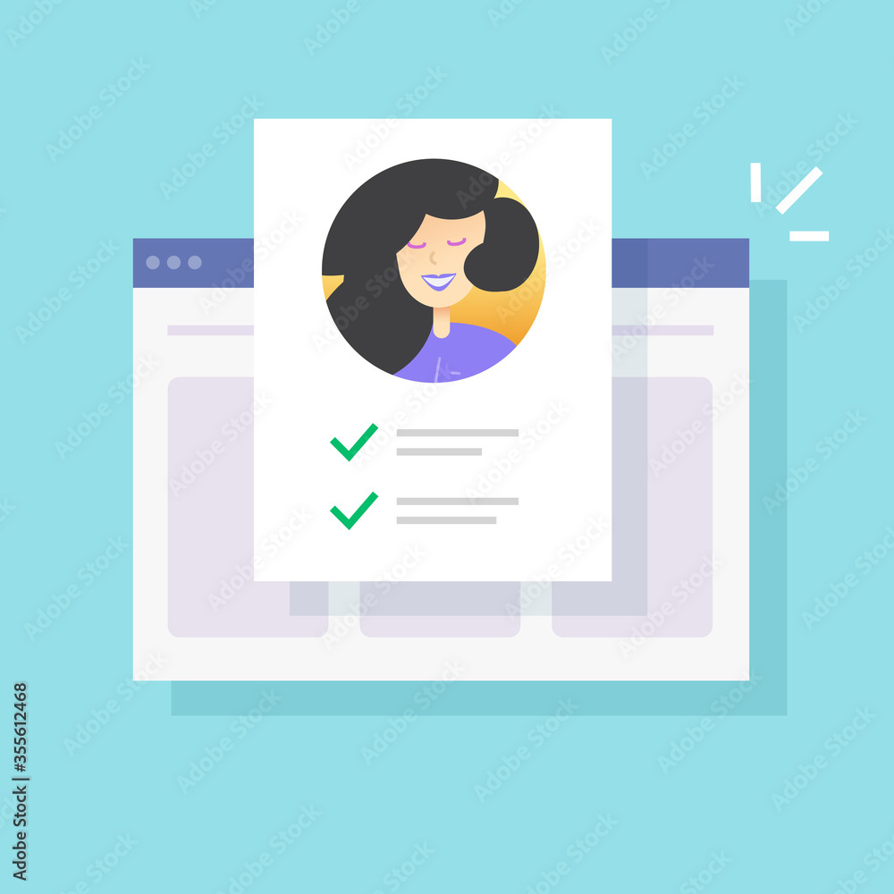 Personal identity web form check list document online on website or internet with customer profile info icon flat vector illustration, concept of employment or requirement icon, hire concept design Personal identity web form check list document online on website or internet with customer profile info icon flat vector illustration, concept of employment or requirement icon, hire concept design