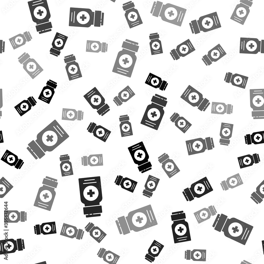 Black Medicine bottle icon isolated seamless pattern on white background. Bottle pill sign. Pharmacy design. Vector Illustration. Black Medicine bottle icon isolated seamless pattern on white background. Bottle pill sign. Pharmacy design. Vector Illustration.
