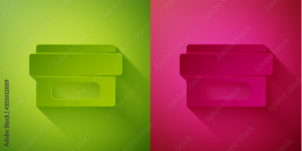 Paper cut Ointment cream tube medicine icon isolated on green and pink background. Tube, container, toothpaste, cream sign. Paper art style. Vector Illustration. Paper cut Ointment cream tube medicine icon isolated on green and pink background. Tube, container, toothpaste, cream sign. Paper art style. Vector Illustration.