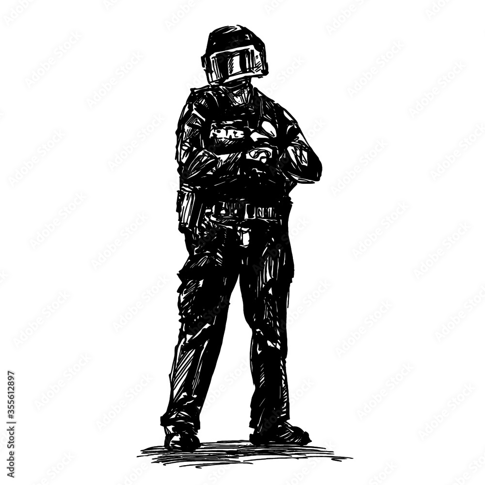 Drawing of the police is standing to protecting in America 