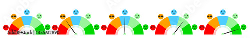 Speedometer, tachometer icon. Colour speedometer set. Scale from red to green performance measurement. Rating satisfaction concept with emotions for your design. EPS10.