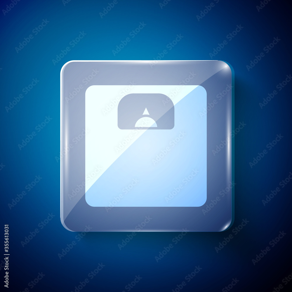 Fototapeta premium White Bathroom scales icon isolated on blue background. Weight measure Equipment. Weight Scale fitness sport concept. Square glass panels. Vector Illustration.