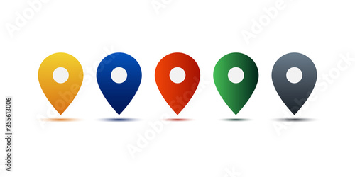 Location icons, flat and gradient geolocation symbols, pointer. Application design element with shadow. Social media icon concept.