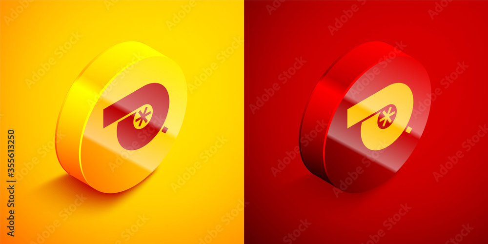 Isometric Automotive turbocharger icon isolated on orange and red background. Vehicle performance turbo. Turbo compressor induction. Circle button. Vector Illustration. Isometric Automotive turbocharger icon isolated on orange and red background. Vehicle performance turbo. Turbo compressor induction. Circle button. Vector Illustration.