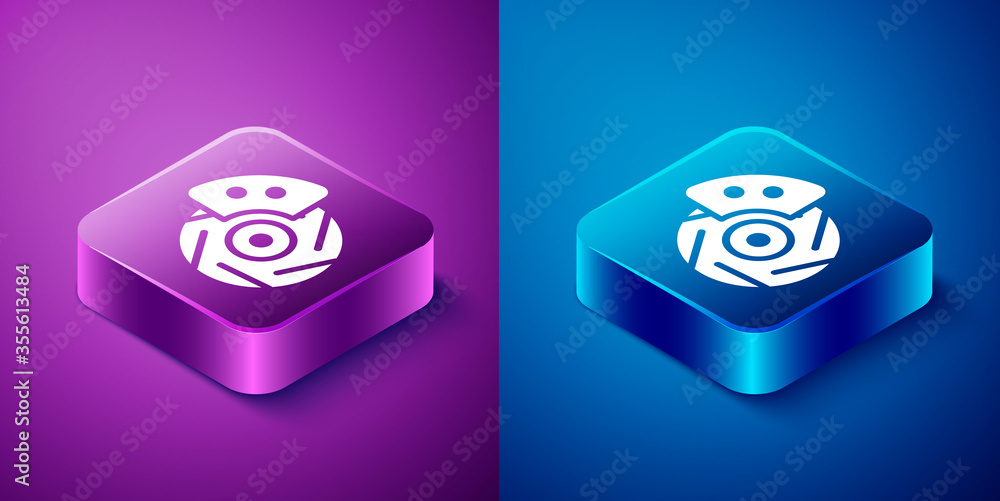 Isometric Car brake disk with caliper icon isolated on blue and purple background. Square button. Vector Illustration. Isometric Car brake disk with caliper icon isolated on blue and purple background. Square button. Vector Illustration.