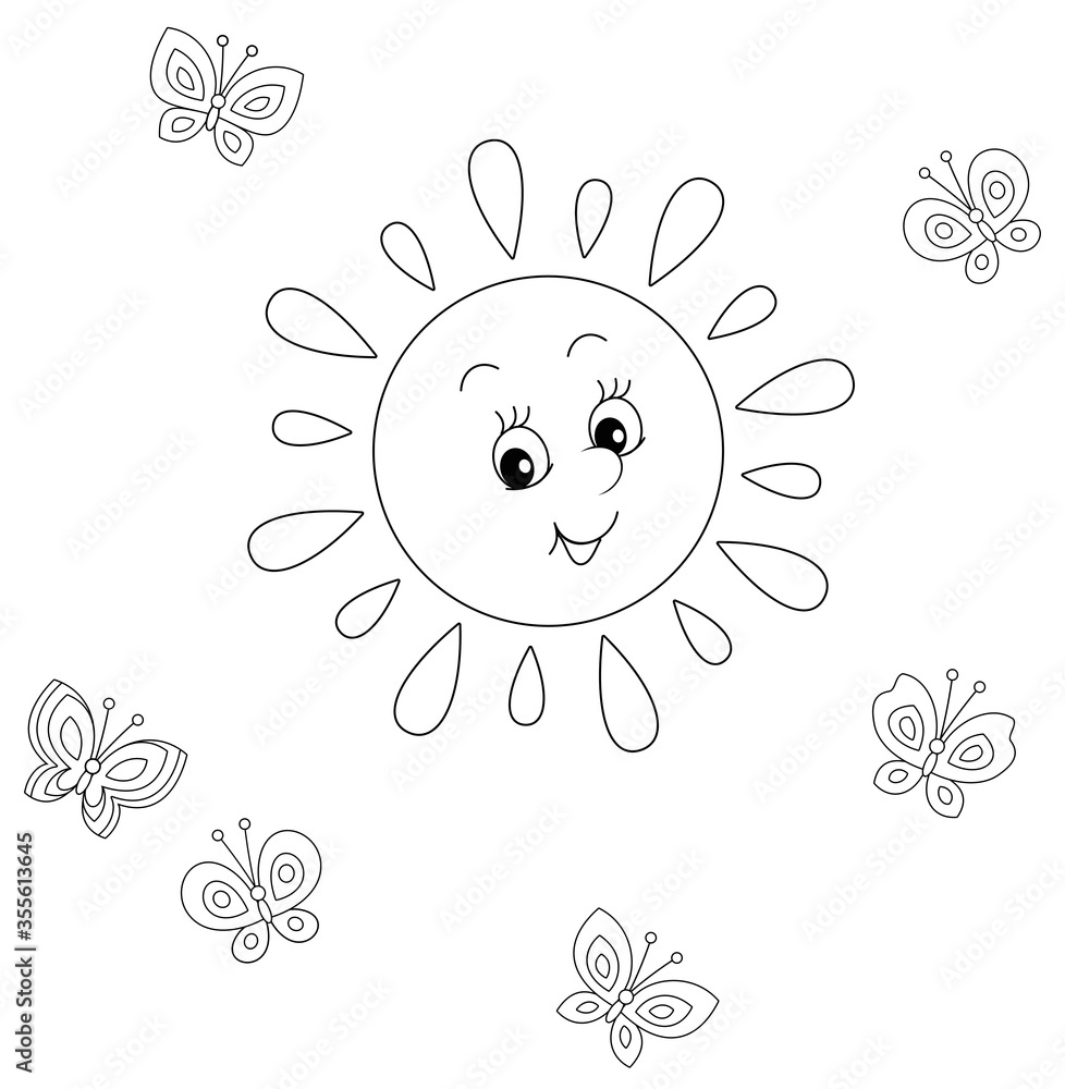 Friendly smiling sun playing with cheerful butterflies flittering around on a pretty summer day, black and white vector cartoon illustration for a coloring book page