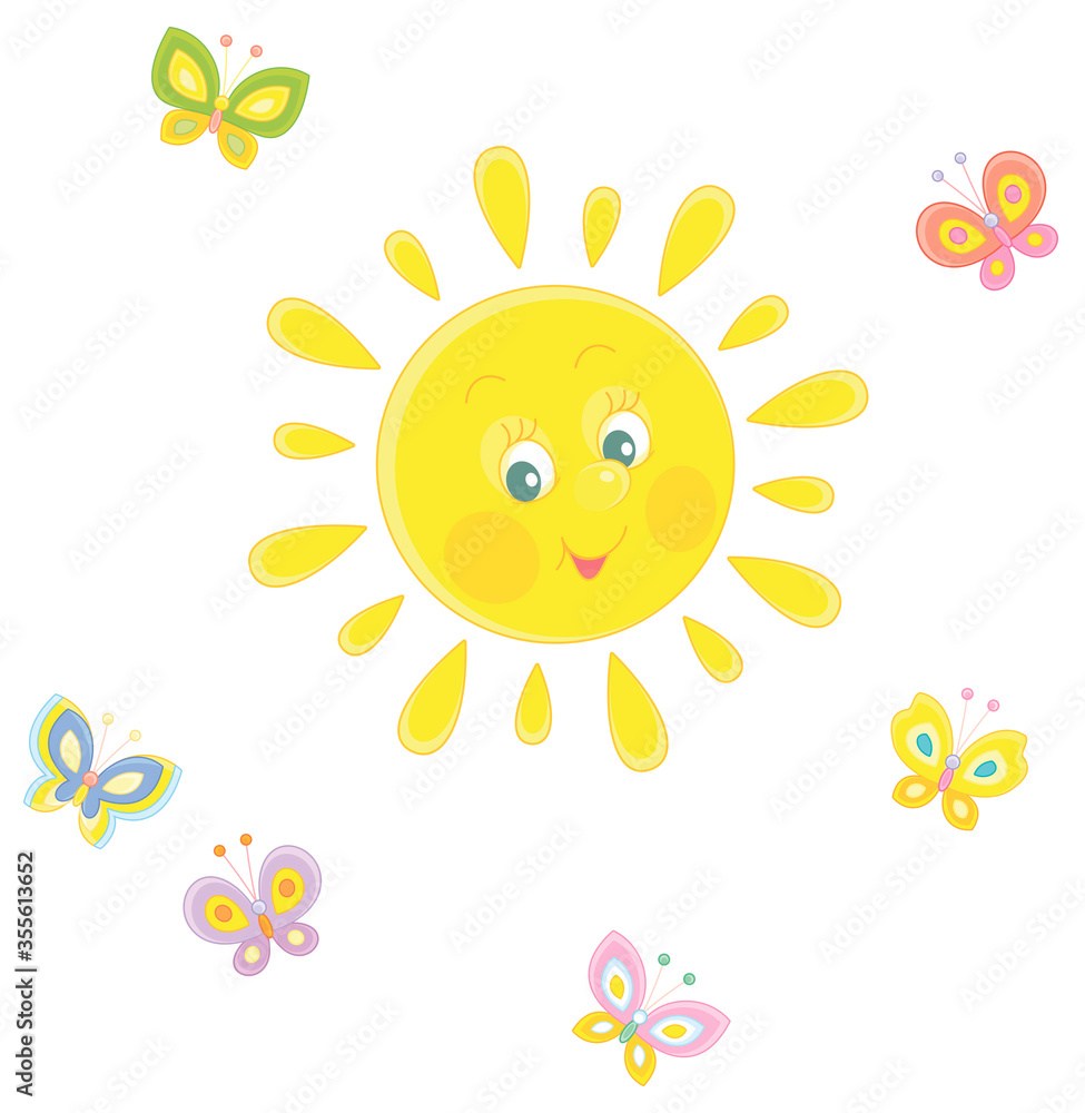Friendly smiling sun playing with cheerful colorful butterflies flittering around on a pretty summer day, vector cartoon illustration on a white background